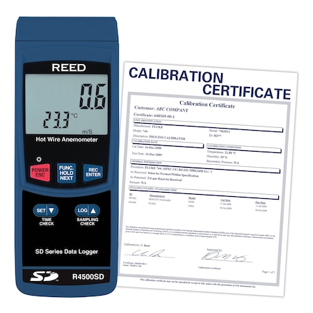 Reed Instruments REED R4500SD Data Logging Hot Wire Thermo-Anemometer, includes ISO Certificate R4500SD-NIST